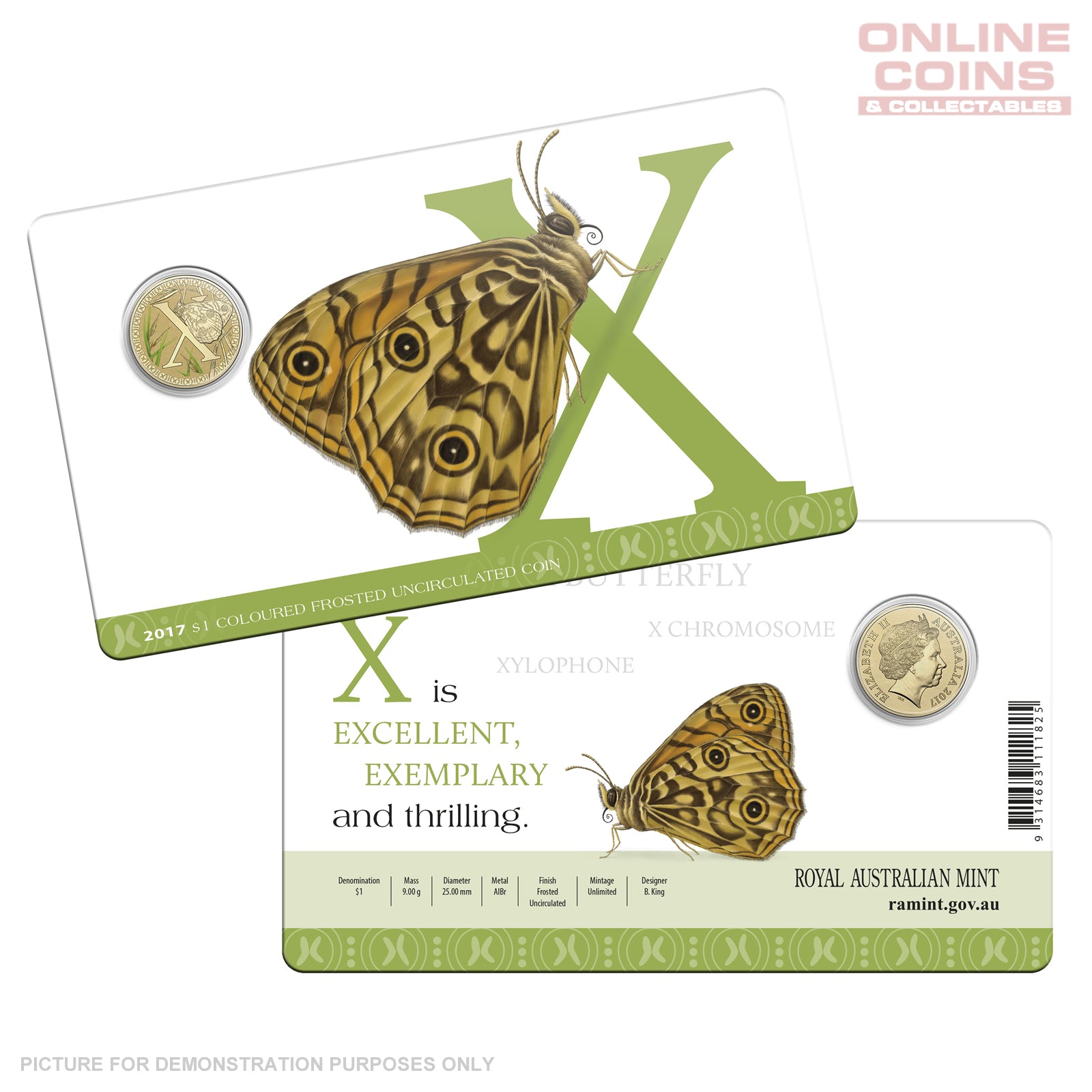 2017 $1 Coloured Alphabet Frosted Uncirculated Coin In Card - X For Xenica Butterfly